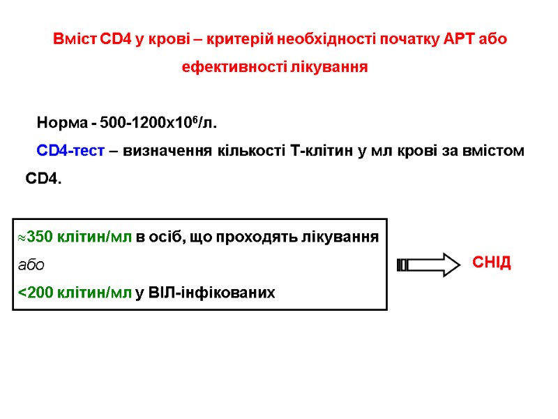 Вміст CD4 у крові – критерій необхідності початку АРТ або ефективності лікування  Норма